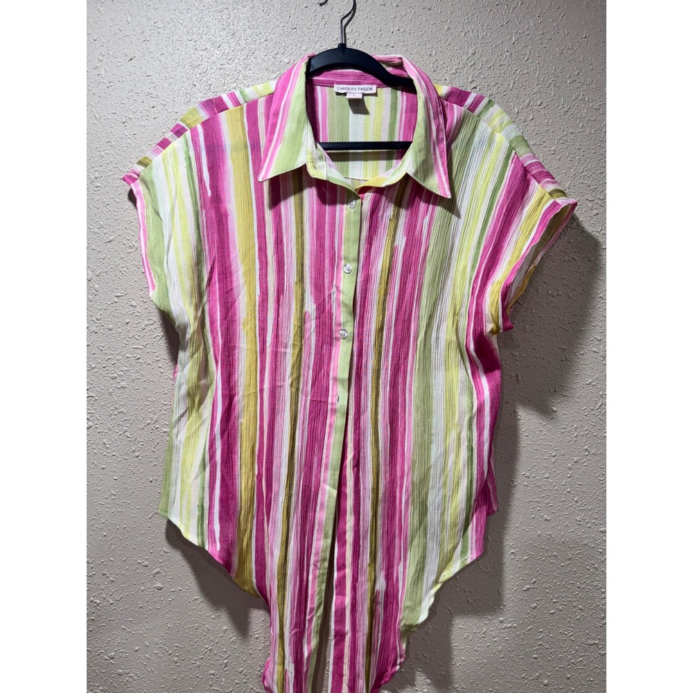 Carolyn Taylor Pink Green Striped Tie Front Button Up Blouse Large Womens